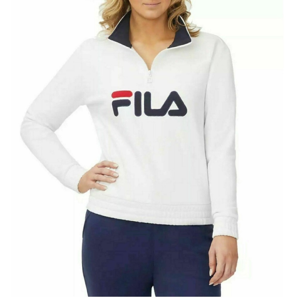 FILA Sweatshirt Womens Medium White Pullover 1/4 Zip Fleece Logo Long Sleeve M